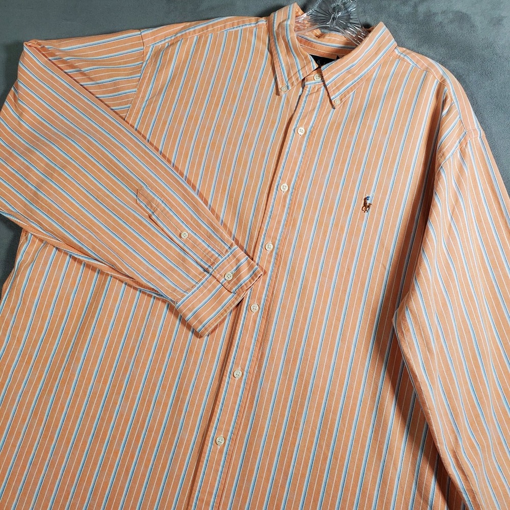 Ralph Lauren Shirt Mens XXL Peach‎ Blue Striped Classic Flesh Pony Button Down